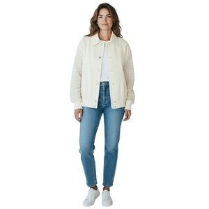 7 For All Mankind NWT Eyelet Sleeves Zipper Flap Slanted Bomber Jacket Cream Siz